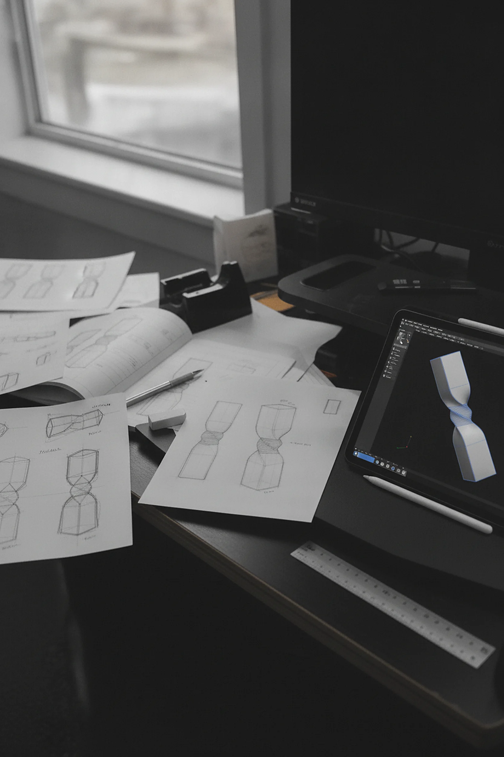 Designer's desk covered in pencil sketches of a trophy, with the CAD model open on an iPad