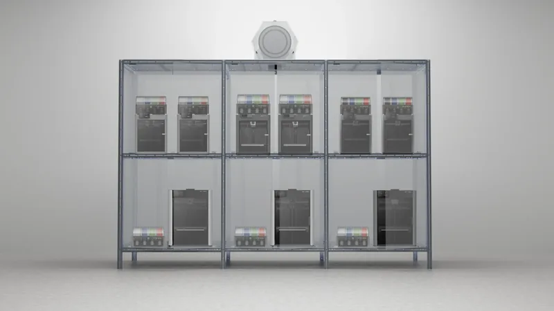 Six loaded bays holding nine printers with their filament systems.