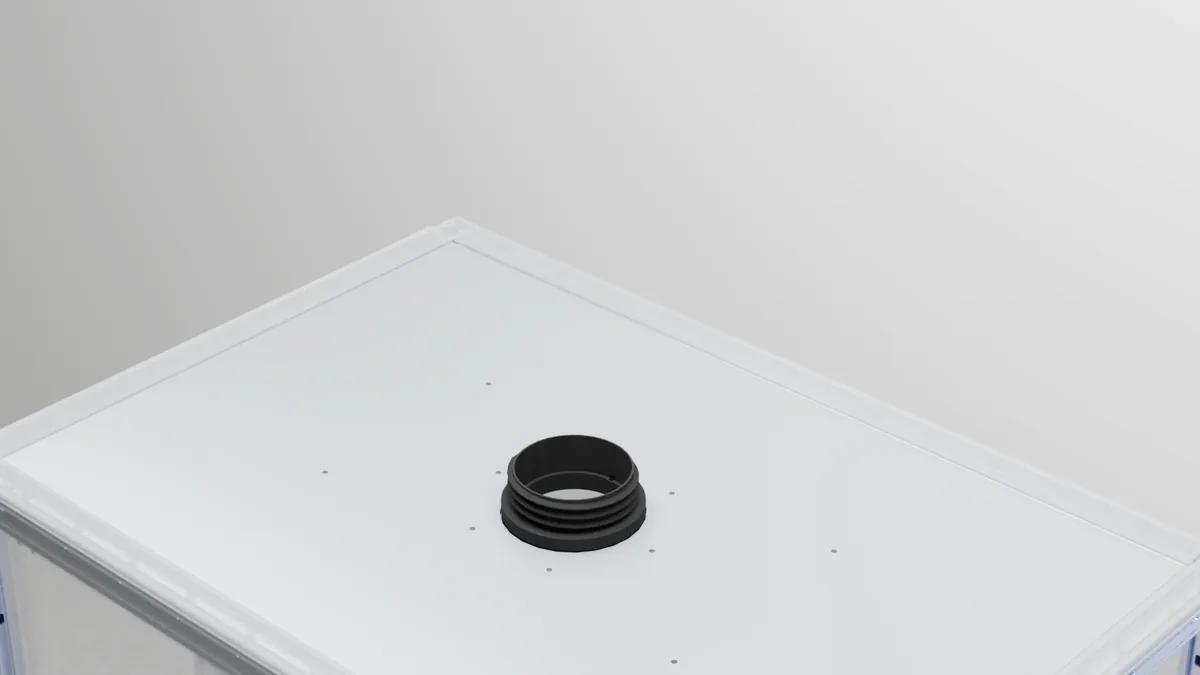 The 150 mm duct spigot fitted through the enclosure roof plate.