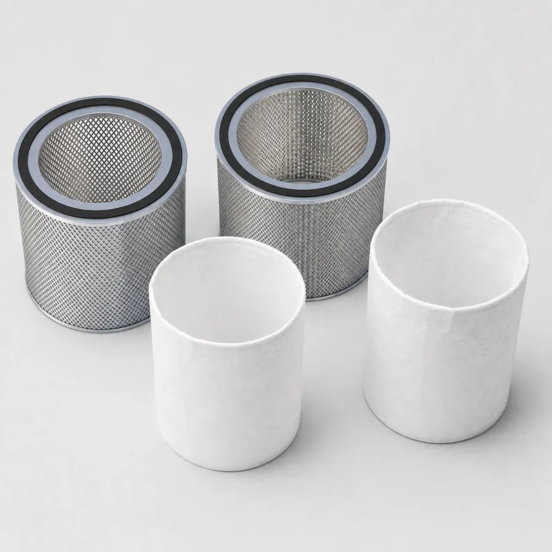 The filter elements out of the case: two mesh-clad cylinders and two non-woven sleeves.