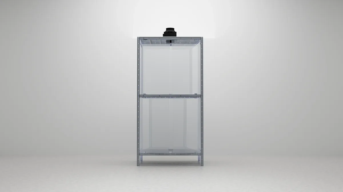 A single two-bay module with the powered extraction fan seated on the roof plate.