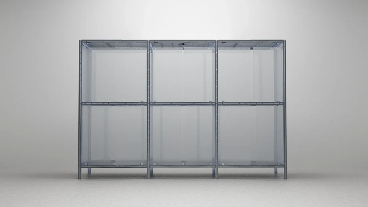 A six-bay enclosure frame with the doors removed, seen square on.