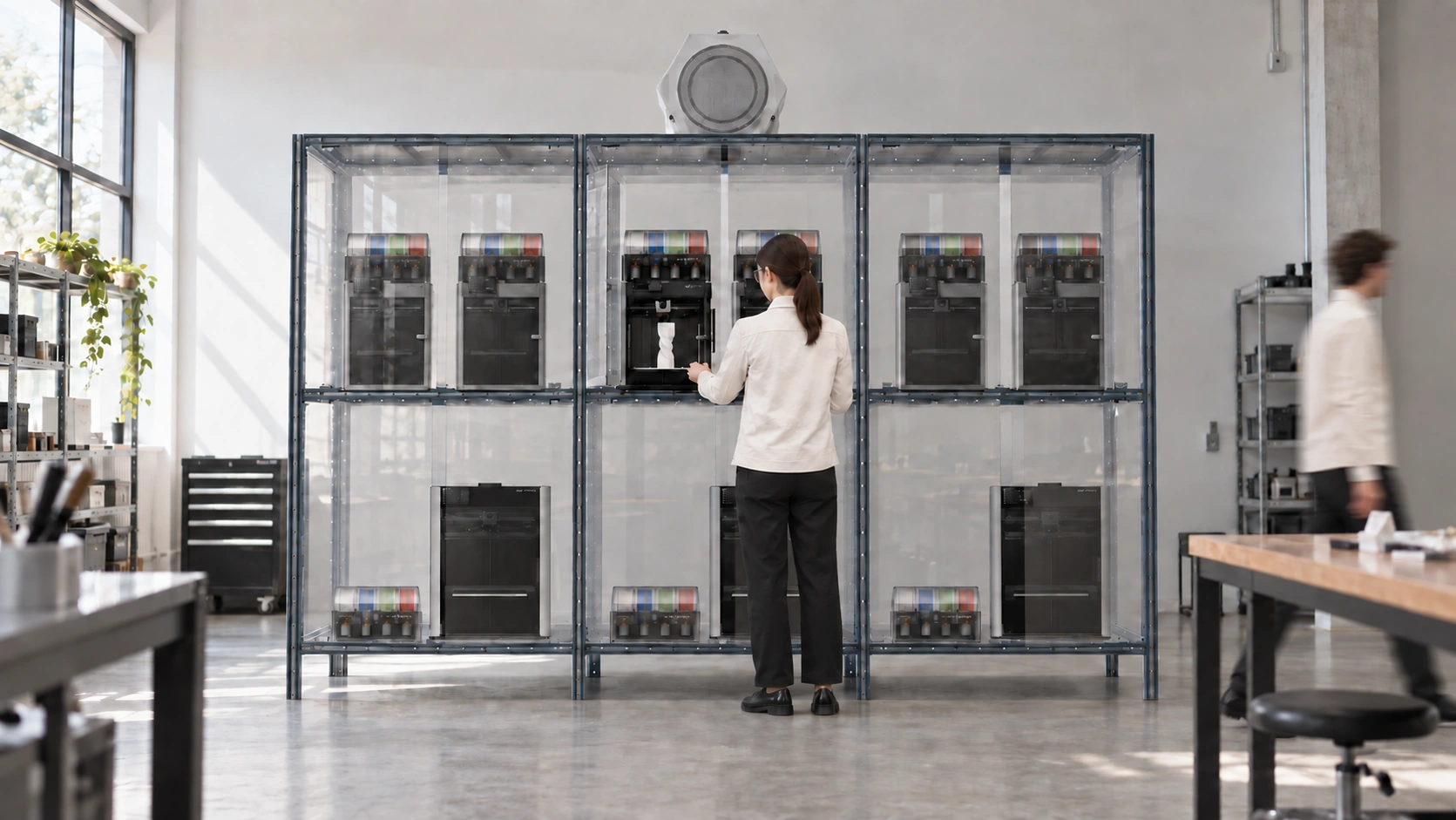 A six-bay PRINTENCLOSURE in a working studio, filter unit mounted on top, a technician at an open bay.