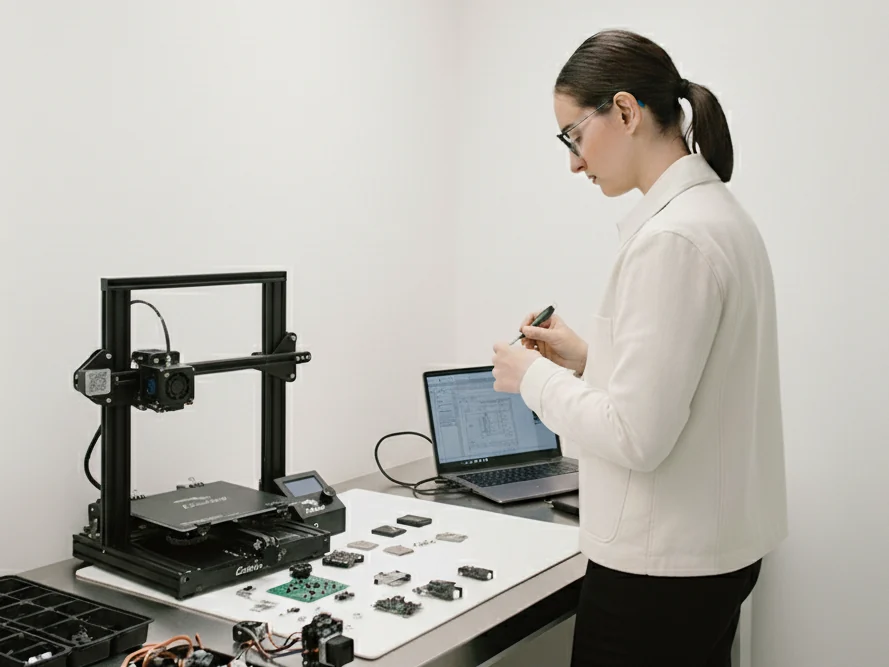 A technician servicing a 3D printer at the workbench