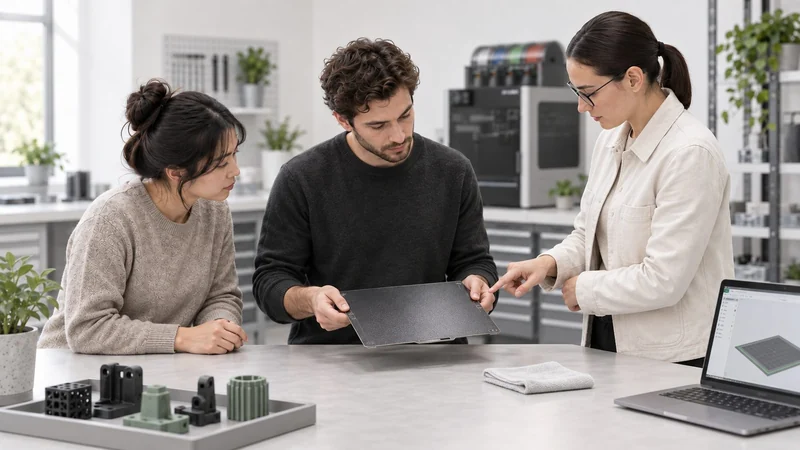 A learner holds a removable build plate at its edges while the trainer checks it.