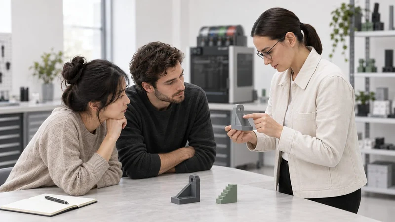 A trainer points out the printed layers in a bracket while two learners examine it.