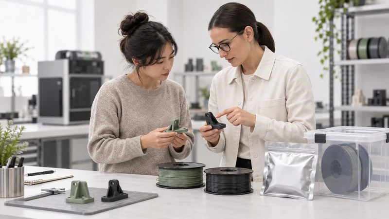 A trainer and learner compare printed parts beside filament spools and sealed storage.