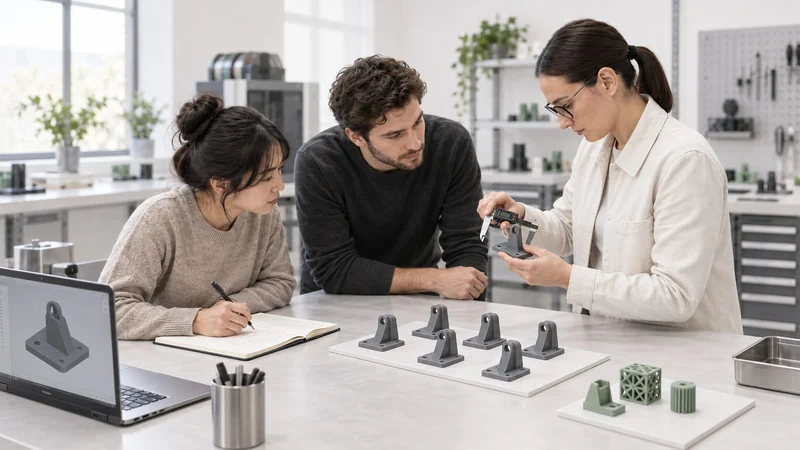 A trainer and learners inspect a small batch of matching printed brackets.