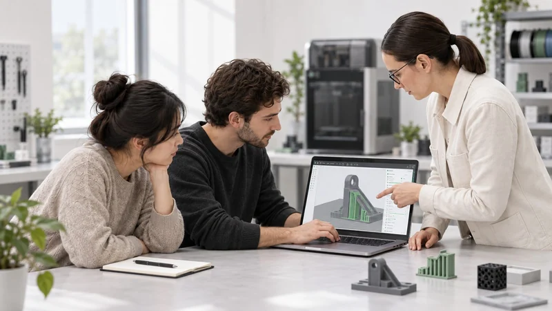 A trainer and learners review a bracket and its supports in a slicer preview.
