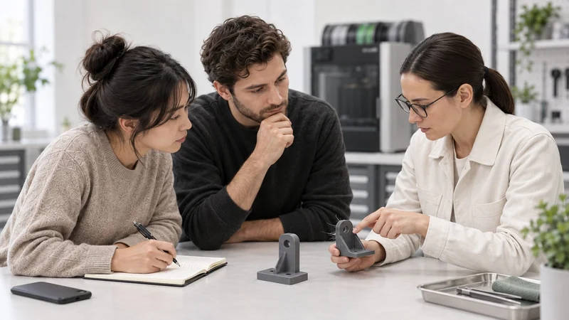 A trainer compares a failed bracket with a sound part while a learner records observations.