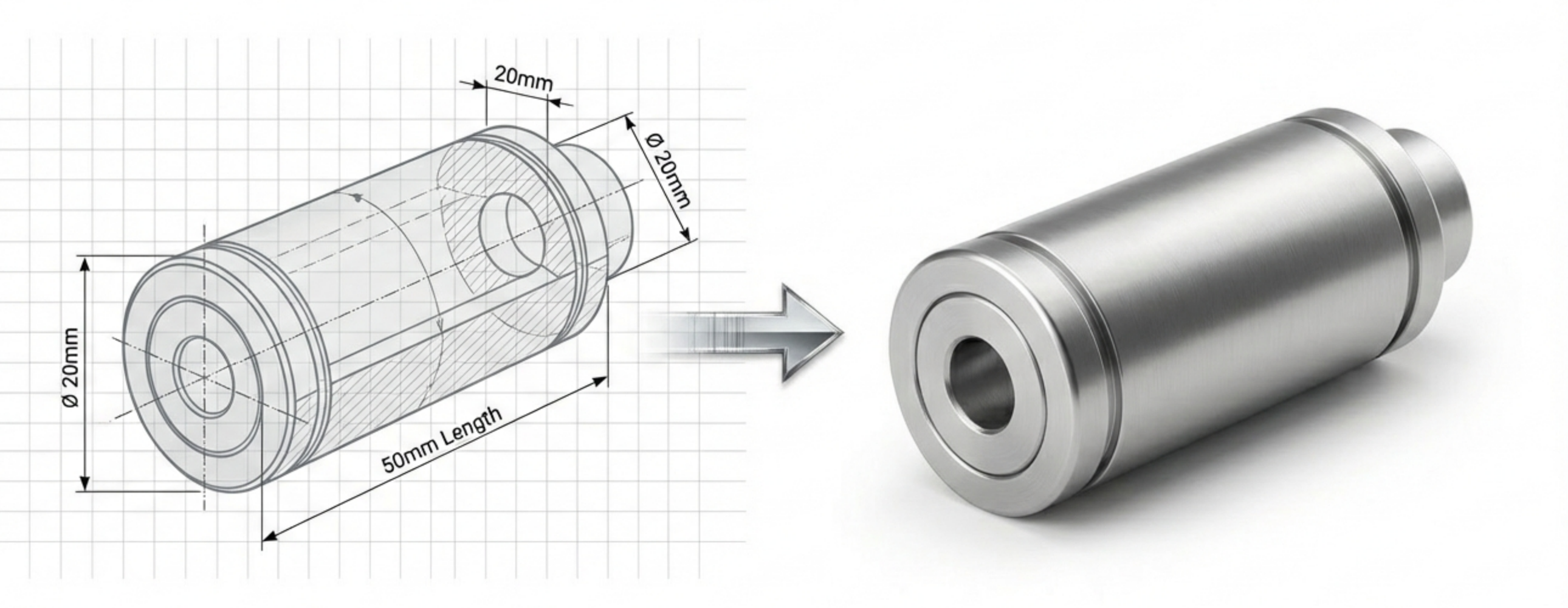 A dimensioned drawing beside a solid model of the same cylindrical part.
