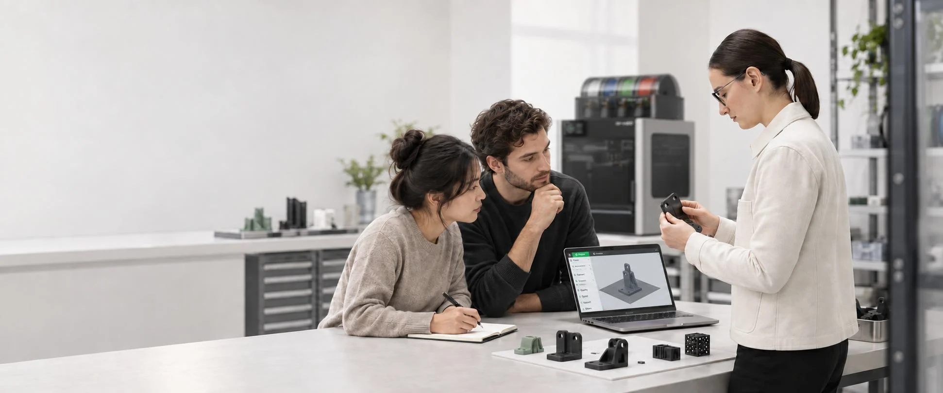 A trainer and learners exploring a 3D printing project together.