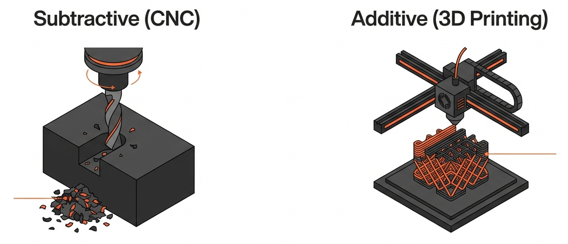 A cutting tool removes material from a solid block, beside a filament printer building a part in layers.