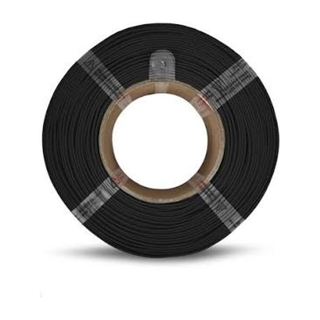 Black filament refill wound on a cardboard core and held with tape straps, no plastic spool