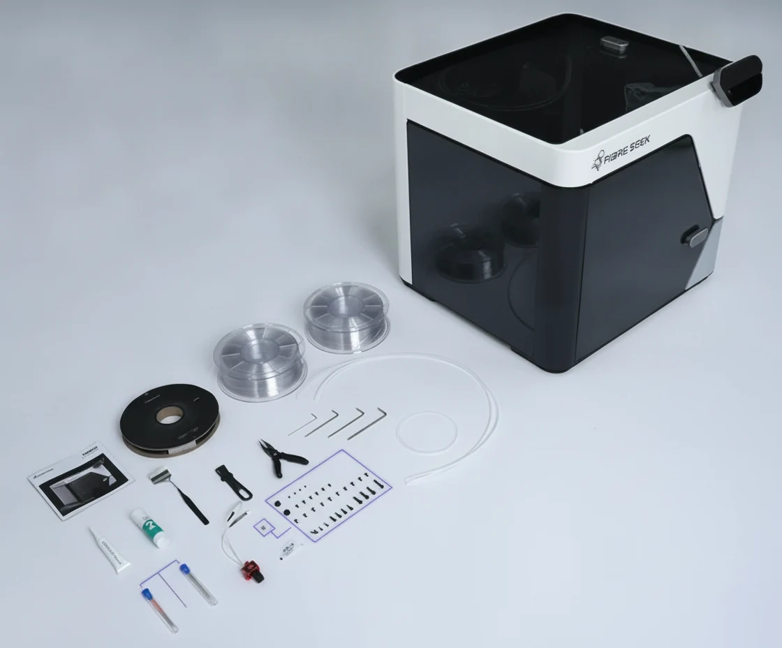 FibreSeeker 3 box contents: printer, spools, spare hotend, tool kit and guide
