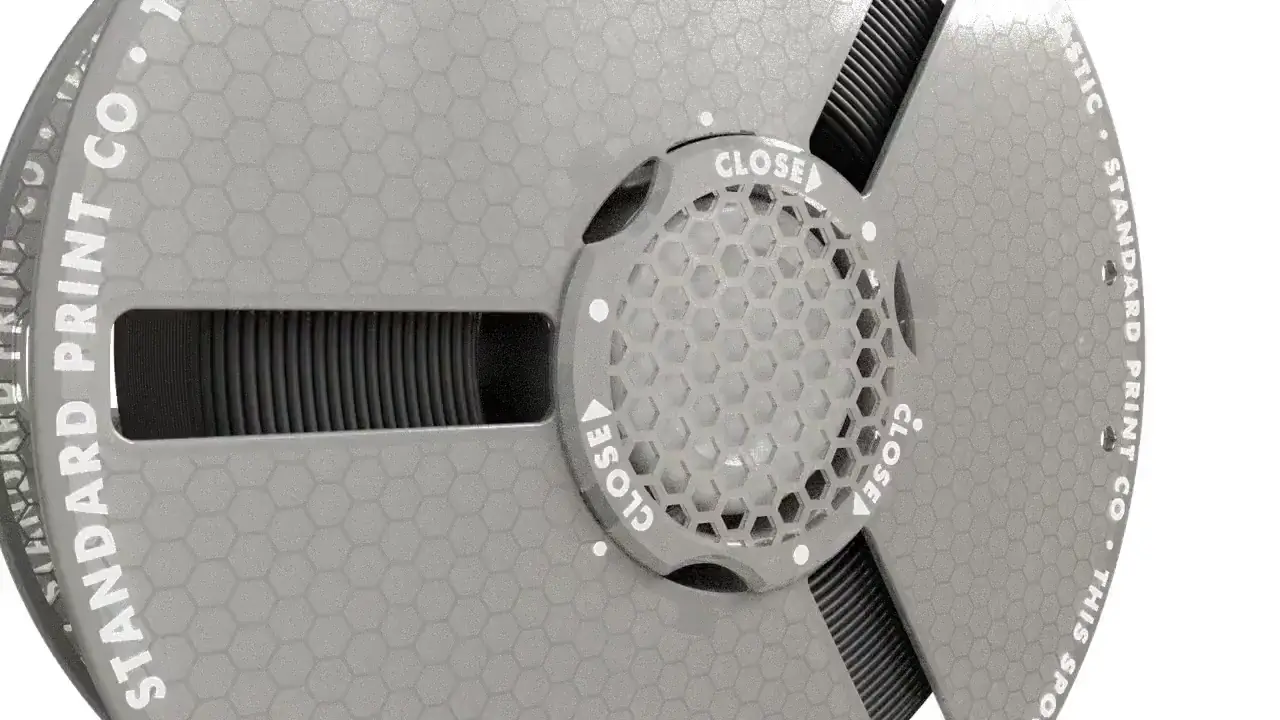 Eco Spool 2 exploded assembly — a recycled-plastic, refillable filament spool with retention clips and an optional DRY090 storage canister